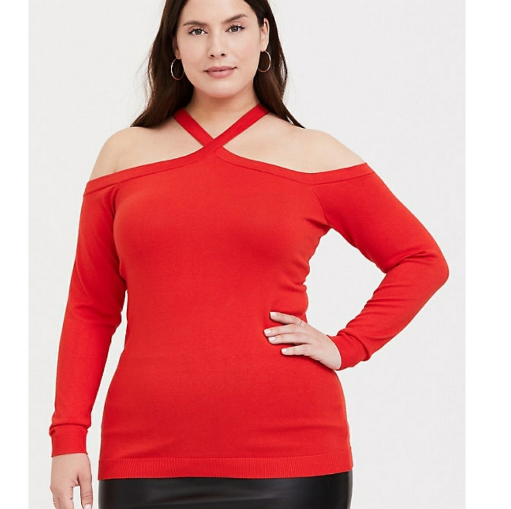 Orange criss cross cold shoulder top